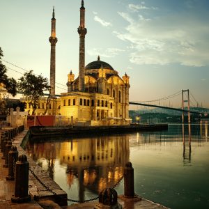 Ortakoy Mosque and Bosphorus bridge in Istanbul at sunrise, Turkey